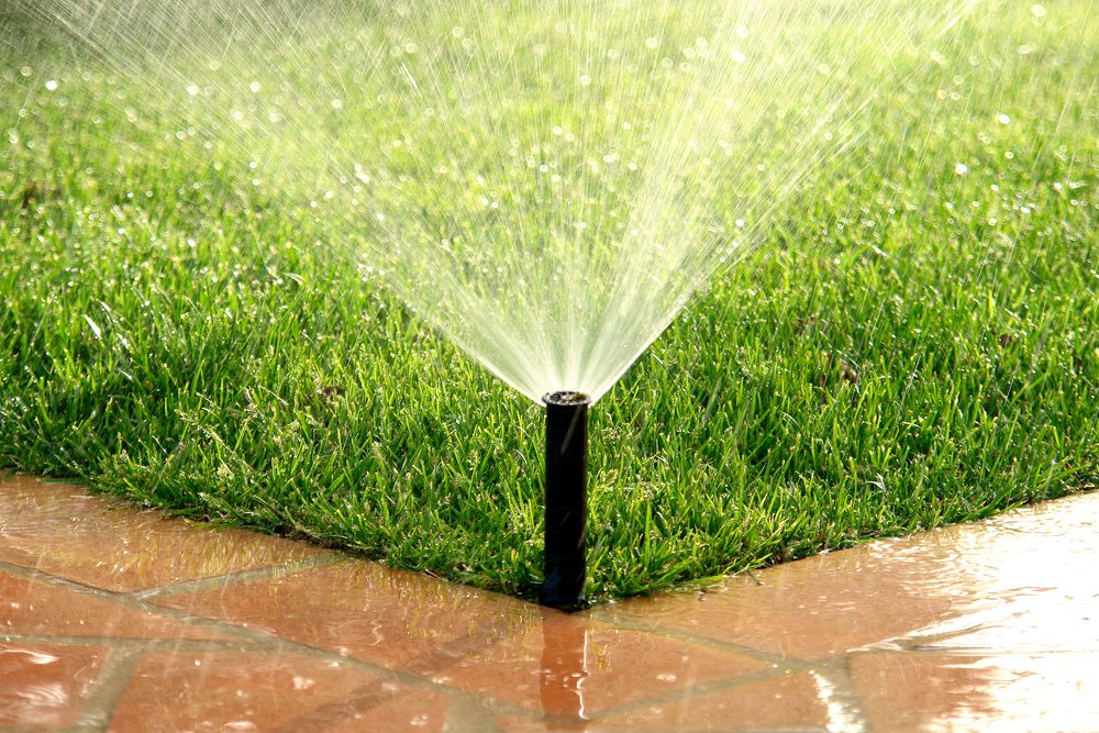 A water sprinkler spraying grass on the ground.